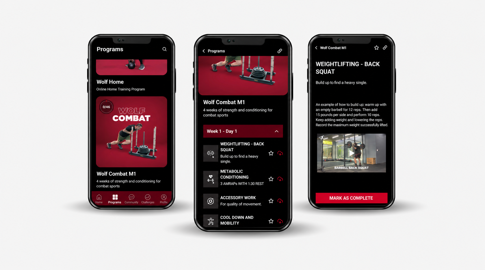 Illustrative Wolf app screens showing the program list, a Wolf Combat session and a back-squat video with instructions.