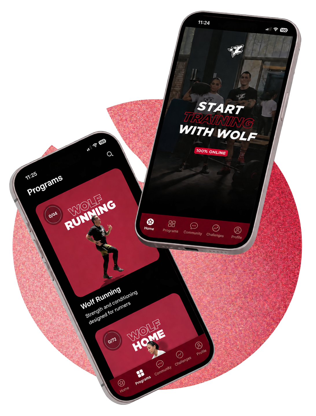 Illustrative Wolf app screens: start training with Wolf and browse Wolf Running and Wolf Home programs.