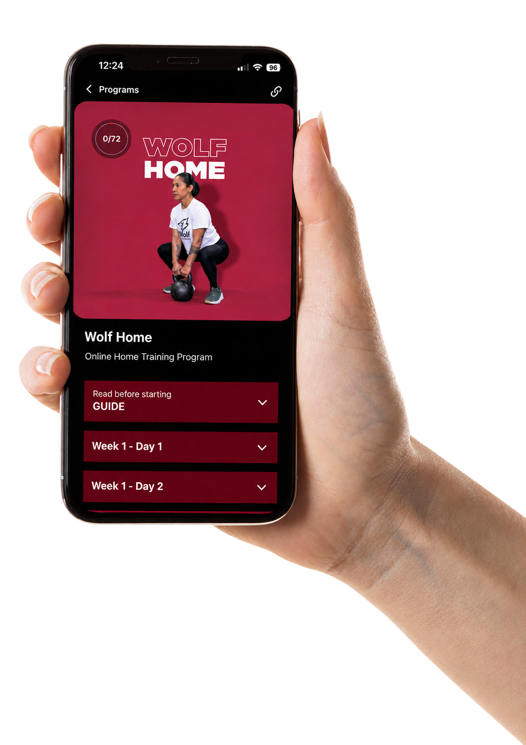 Illustrative Wolf Home program screen with a getting-started guide and workouts for week 1, days 1 and 2.